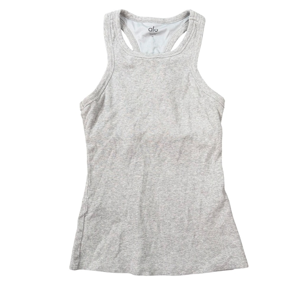 Alo Yoga Women Wellness Ribbed Heather Grey Racerback Shelf Bra Tank Top Size M